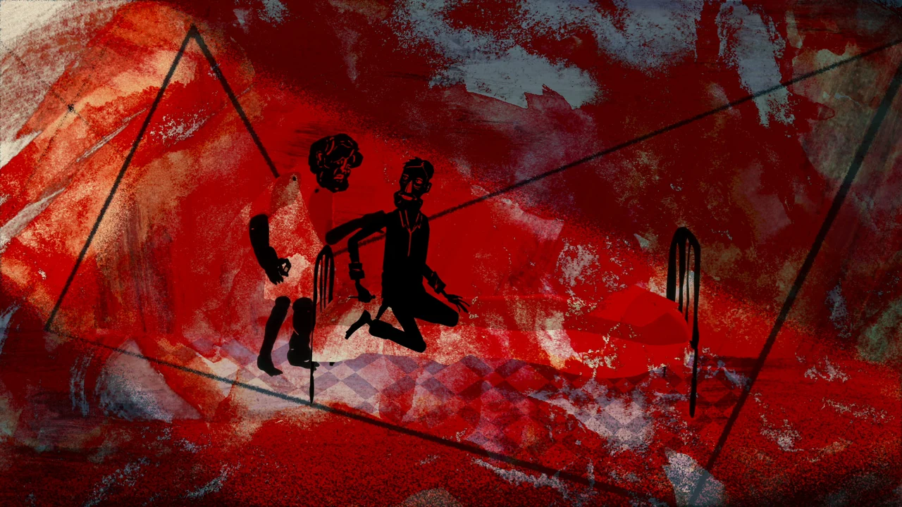 Dos figuras dibujadas sobre un fondo rojo con trazos negros y manchas azules.