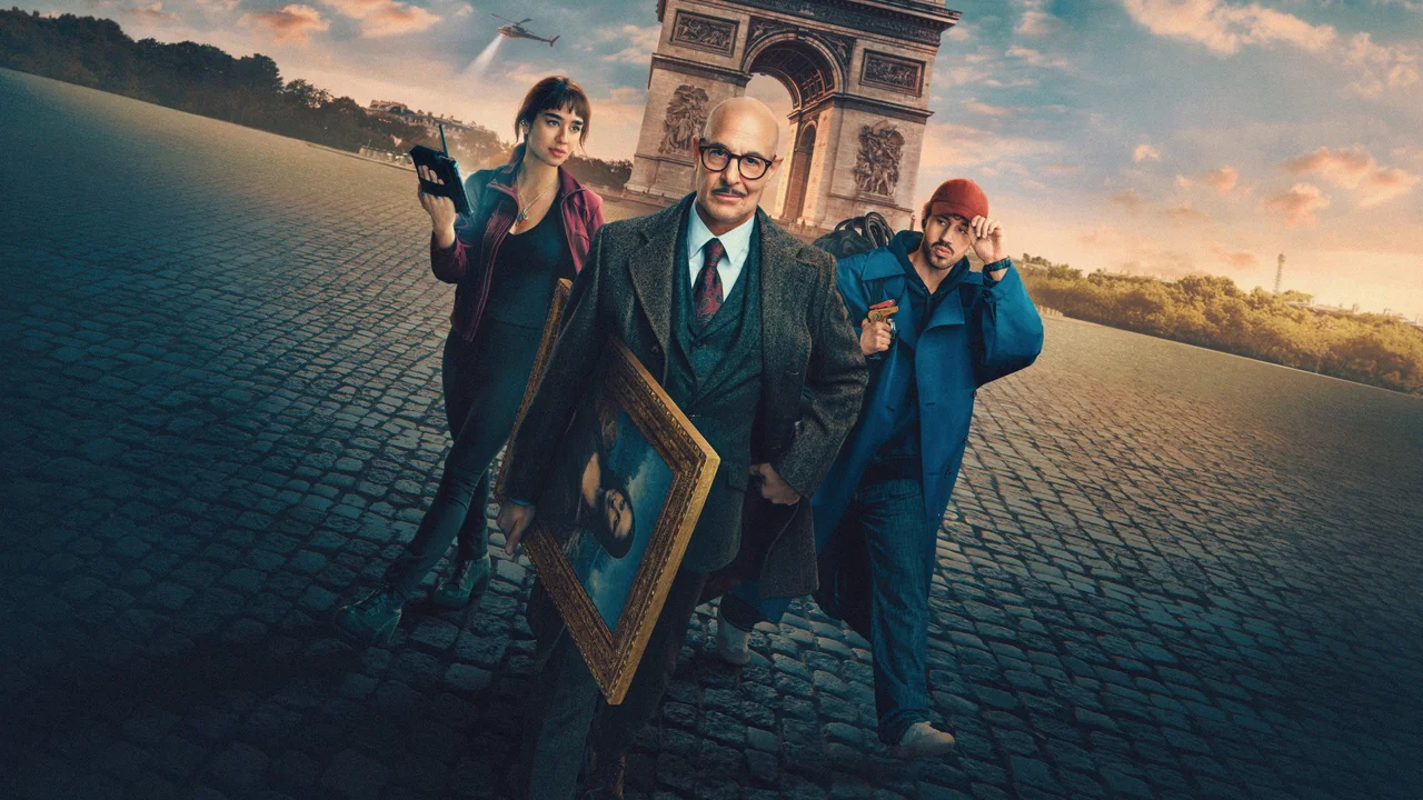 Stanley Tucci posa con dos jóvenes y un cuadro en una imagen promocional de Masterplan.