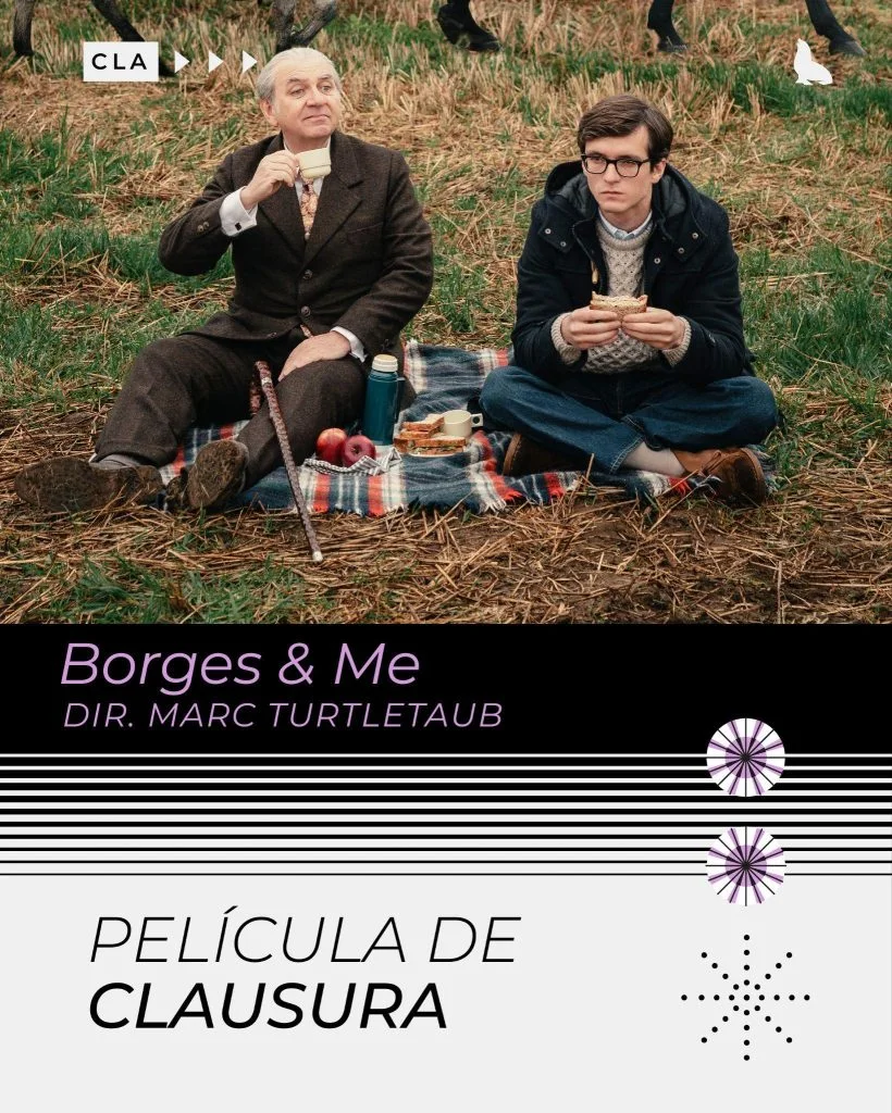 Pieza oficial de Borges and Me con dos hombres sentados al aire libre y la leyenda Película de clausura.