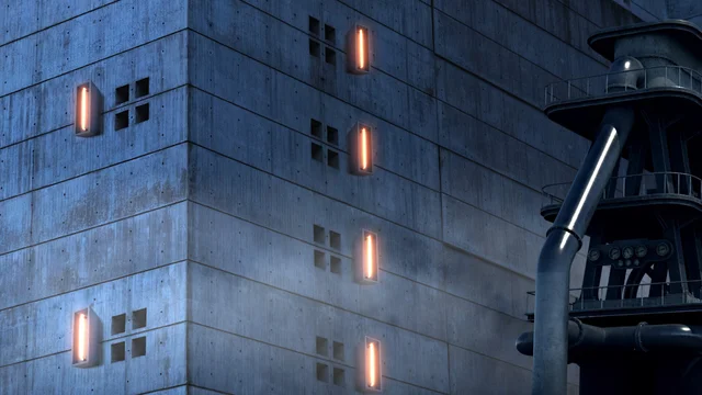 Un edificio de paredes grises y luces verticales en un fotograma de CNXS.
