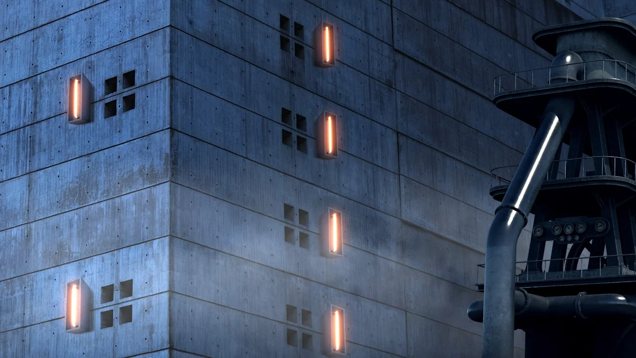 Un edificio de paredes grises y luces verticales en un fotograma de CNXS.