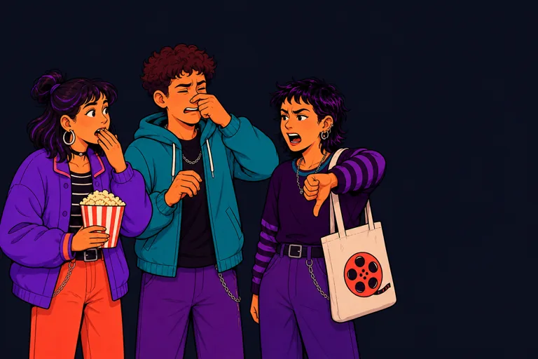 Personajes de Cine Posta rechazan una película; uno se tapa la nariz y otra hace pulgar abajo.